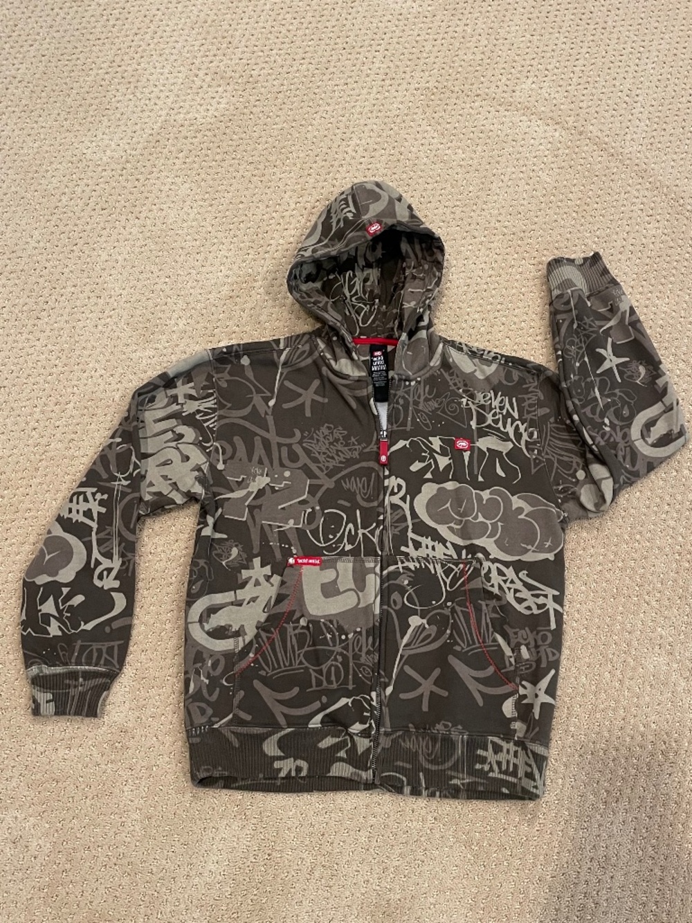 Ecko Unltd Y2K Graffiti All Over Print Full Zip Hoodie Brown Red Men's Size Med